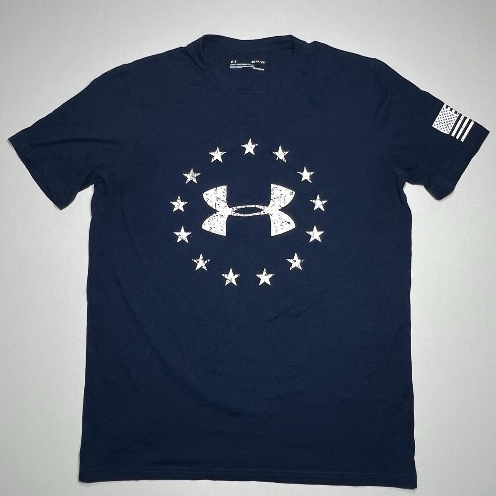 Under Armour Freedom Flag Mens Size Small Sm Navy Blue Graphic T-Shirt Loose Fit